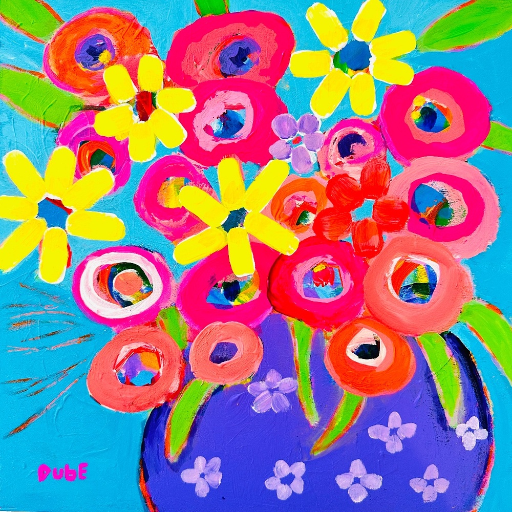 Original Floral Painting: Abstract Flowers in Purple Vase 12" x 12" Wood Panel